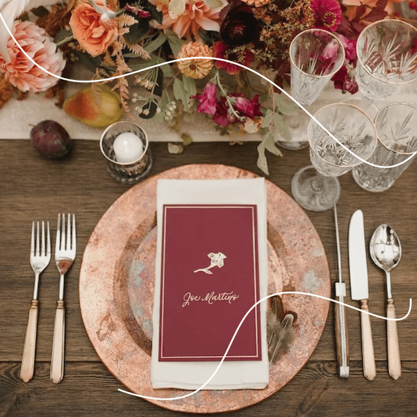 Fall Tablescape with copper charger plate and maroon details