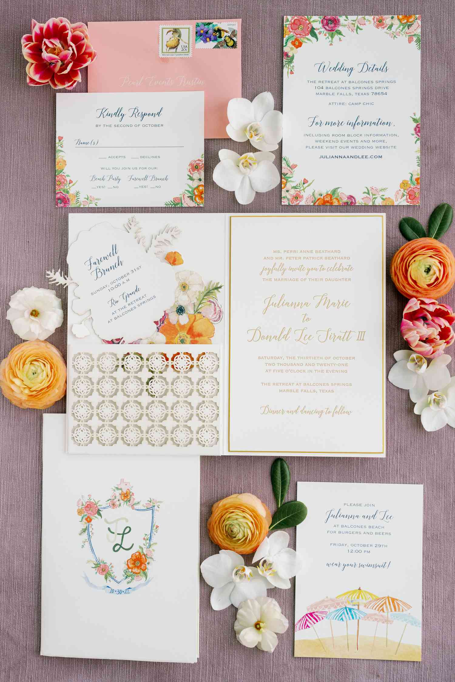 Julianna and Lee's colorful floral invitations