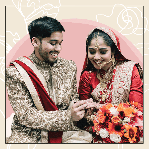 Muslim couple exchanging rings at their wedding ceremony