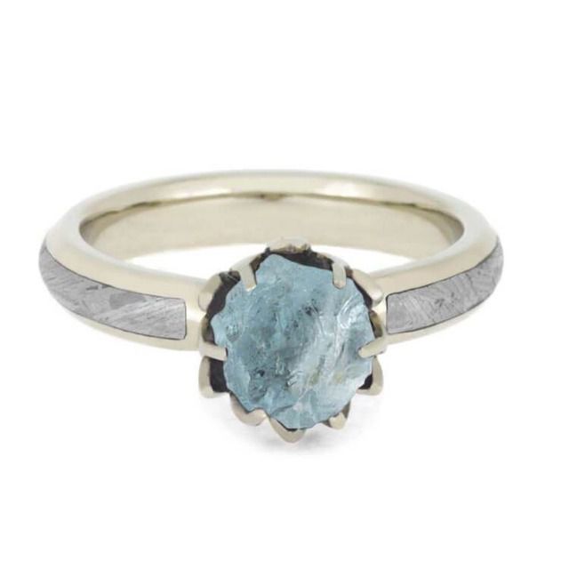 Rough Aquamarine Engagement Ring with Meteorite
