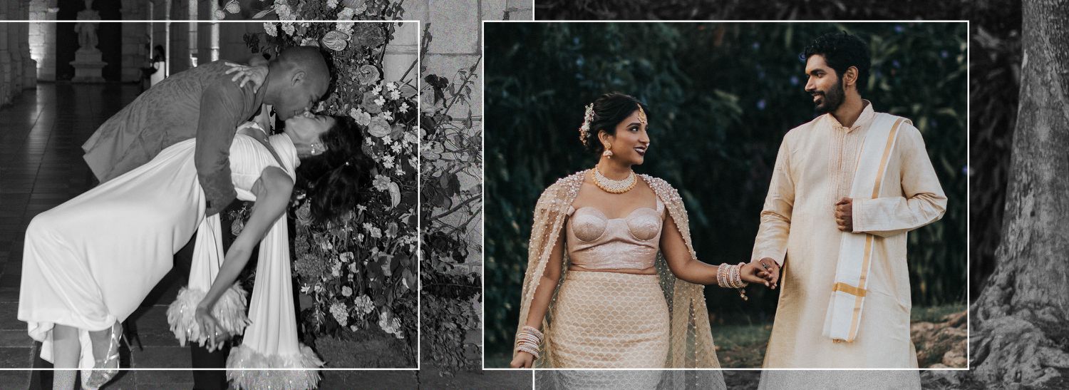 bride and groom kissing; an indian bride and groom holding hands at a pre-ceremony event