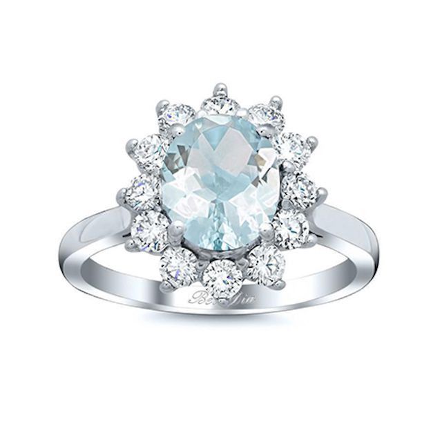 DeBebians Oval Aquamarine Floral Halo Diamond Engagement Ring
