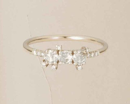 Jennie Kwon Rose Cut Diamond Cluster Equilibrium Ring collaged on a beige background