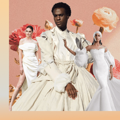 Collage of Models Wearing Wedding Dresses With Floral Background
