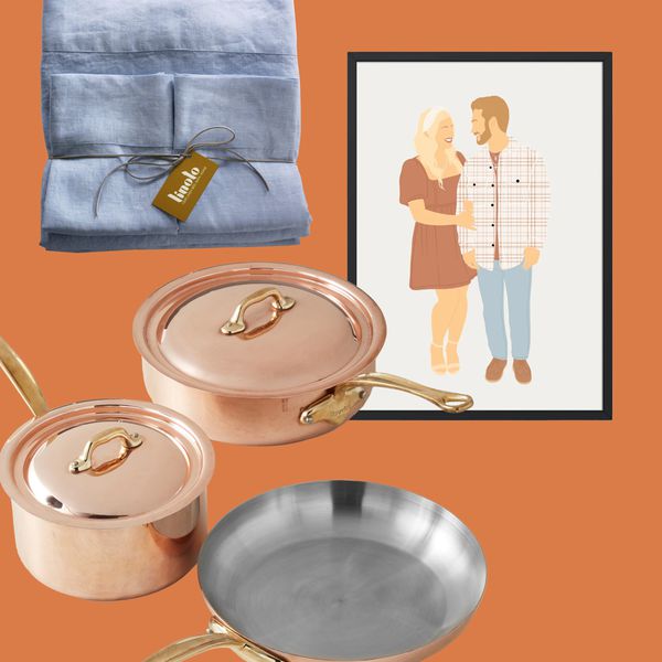 A selection of the Best 7-Year Anniversary Gifts collaged against an orange backdrop