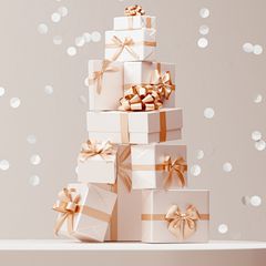 Stack of White Gifts Tied with Pink Ribbon