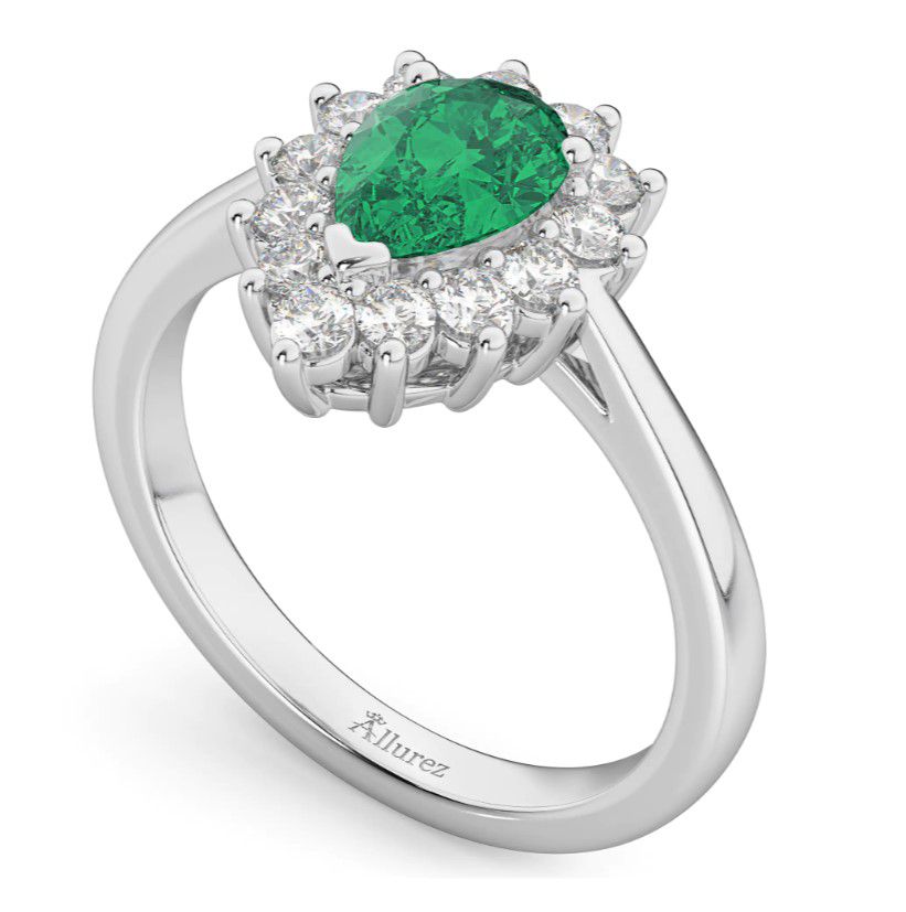 Allurez Pear-Shaped Emerald and Floral Diamond Halo