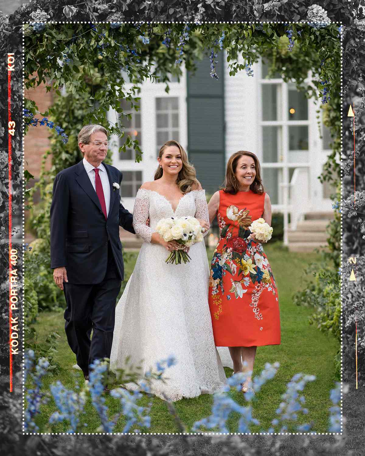 Bride with father and mother walking down aisle