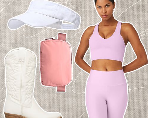 A variety of activewear staples for daytime bachelorette activities on a beige background