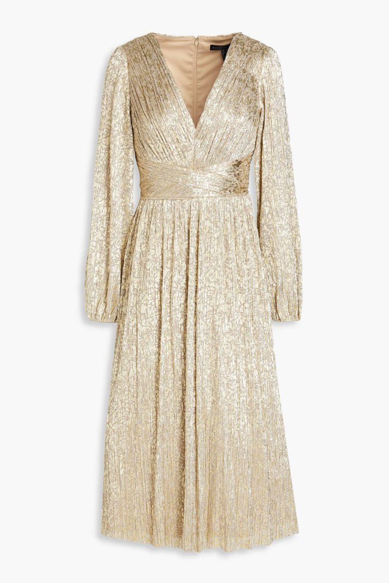 Aidan Mattox Gold Printed PlissÃ©-LamÃ© Dress