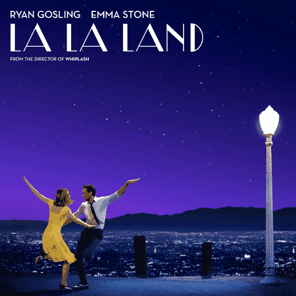 Movie Poster for La La Land With Emma Stone and Ryan Gosling Dancing Beneath a Starry Night Sky