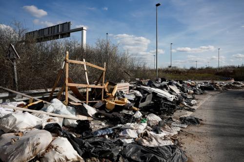 450 tonnes of waste are piled up on a slip road of the A104 motorway, close to a site of the Paris 2024 Olympic and Paralympic Games, in Villepinte, near Paris, France, March 19, 2024.