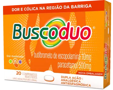 Embalagem do Buscoduo, da caixa laranja. Medicamento é composto pela união entre Butilbrometo de Escopalamina e Paracetamol. Esse é um dos tipos de Buscopan com função analgésica e antiespasmódica.