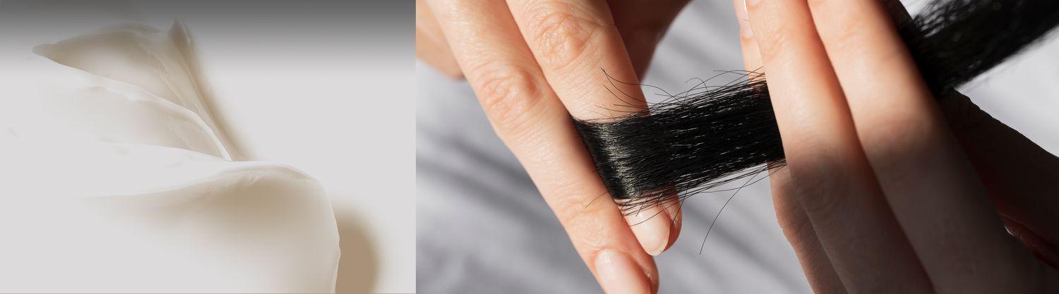 split image of white lotion and model holding hair with their hands