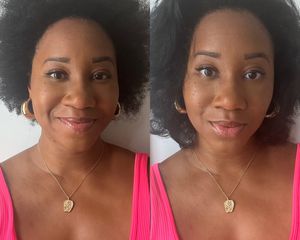 A before and after of a Byrdie editor after testing a blow dryer for natural hair