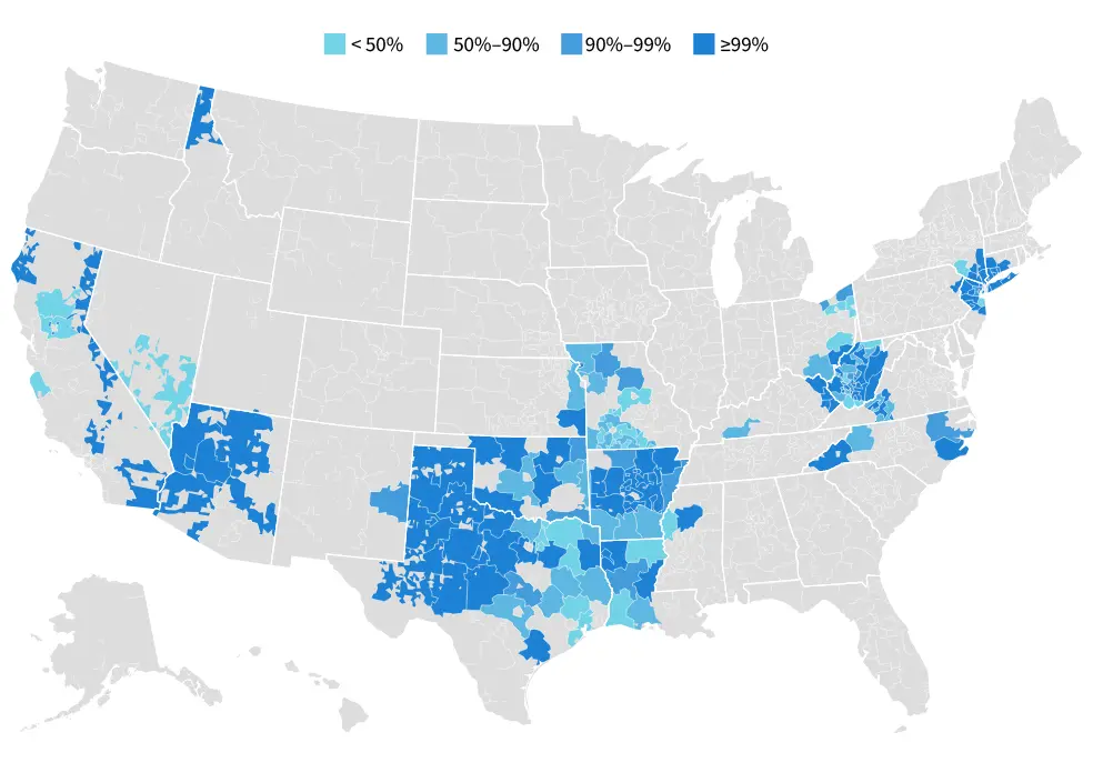 US map showing shaded areas of availability coverage for Optimum