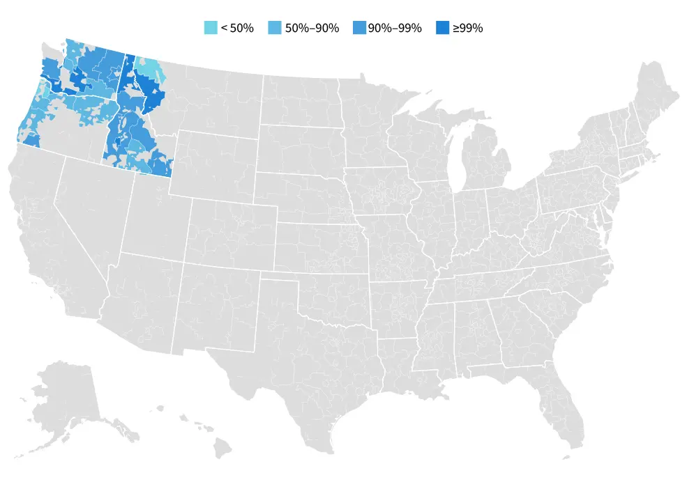 Shaded US Map showing areas of Ziply Fiber availability