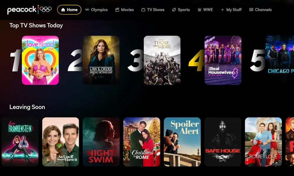 The Peacock home screen displaying a horizontal nav menu, a numbered list of Top TV Shows Today, and a carousel of Leaving Soon titles.