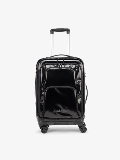 Studio product shot of front-facing CALPAK Terra Carry-On luggage with soft shell and 360 spinner wheels in obsidian; LTE1020-OBSIDIAN view 1