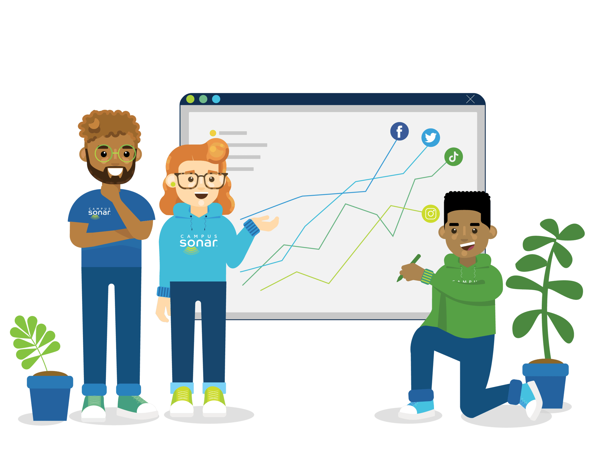 Three Sonarians in front of a smartboard, one person is kneeling like he is drawing the graph on the board