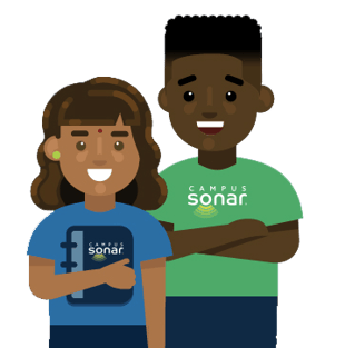 Two Sonarians standing, a man and a woman, the woman is holding a notebook with the Campus Sonar logo