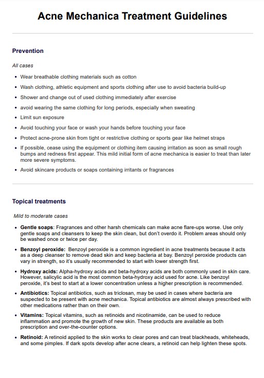 Acne Mechanica Treatment Guidelines Handout PDF Example