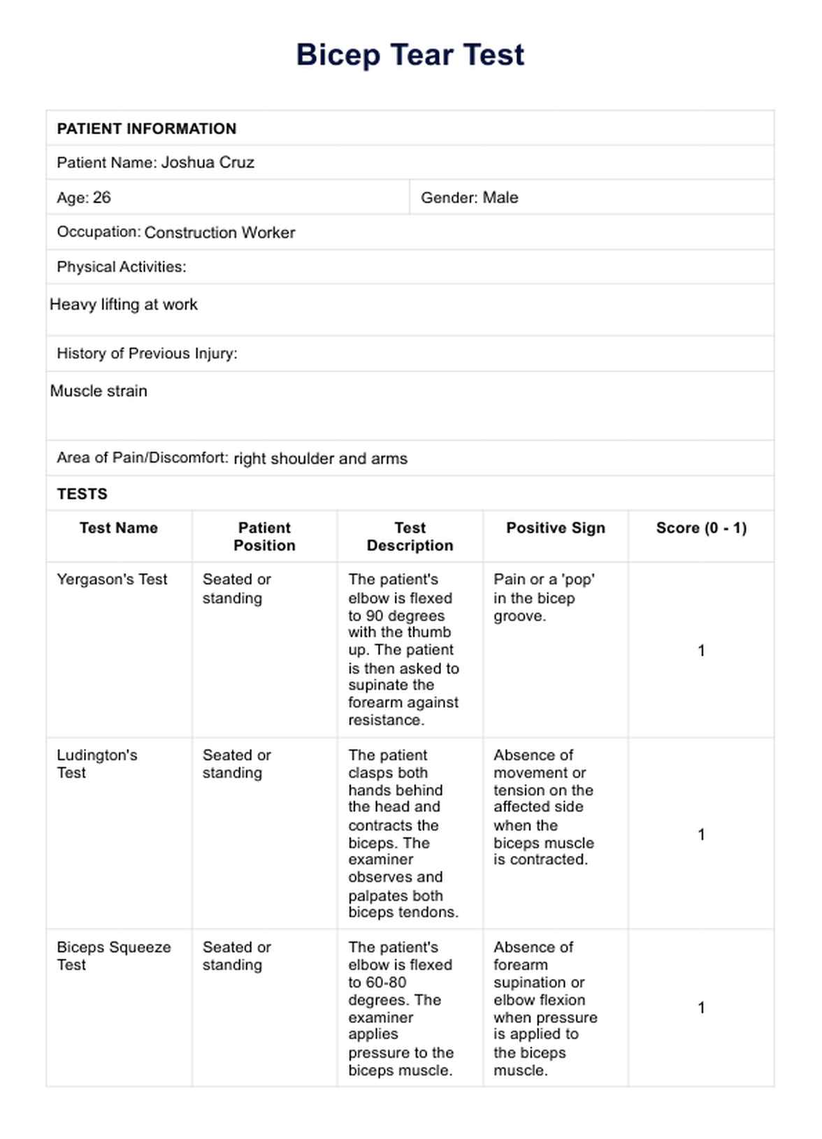 Bicep Tear Test PDF Example