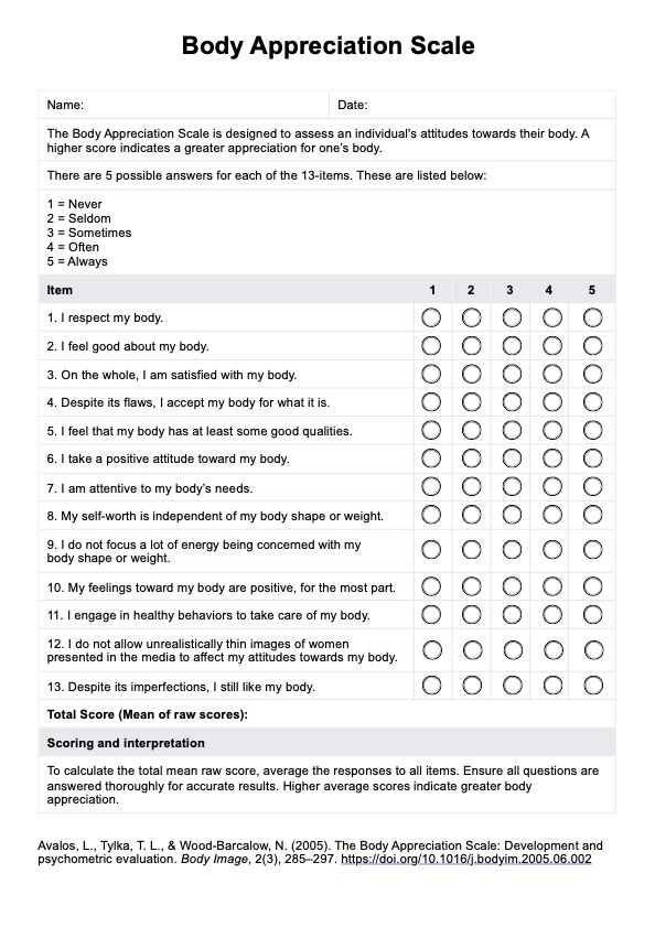 Body Appreciation Scale (BAS) PDF Example