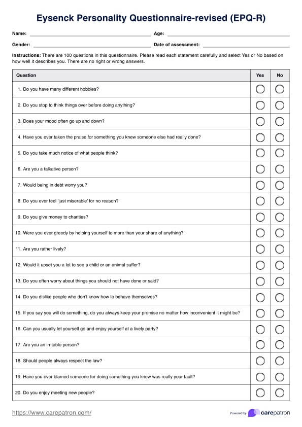 Eysenck Personality Questionnaire PDF Example