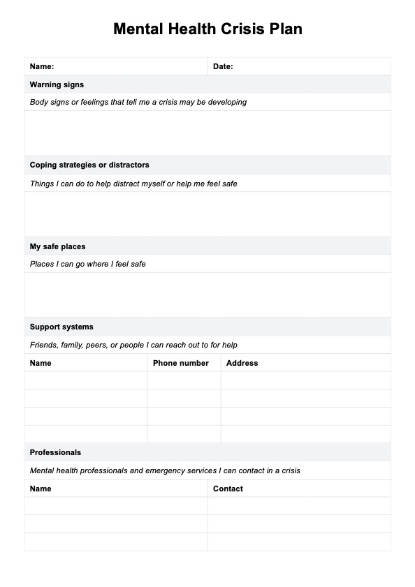 Mental Health Crisis Plan PDF Example