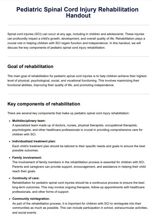 Pediatric Spinal Cord Injury Rehabilitation Handout PDF Example