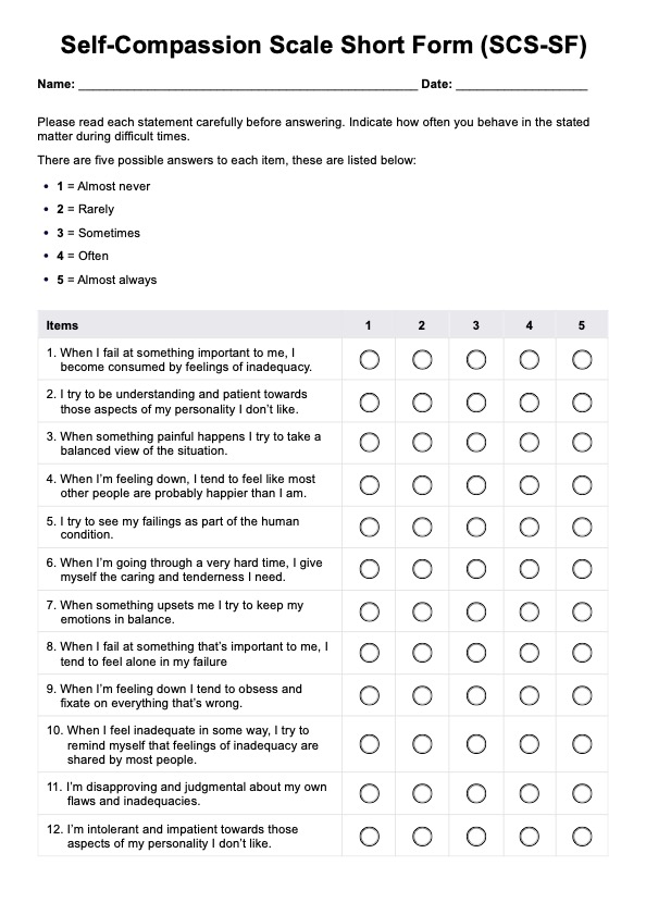 Self-Compassion Scale Short Form (SCS-SF) PDF Example