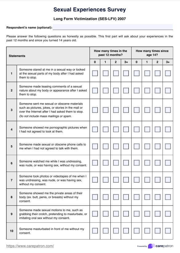 Sexual Experiences Survey PDF Example