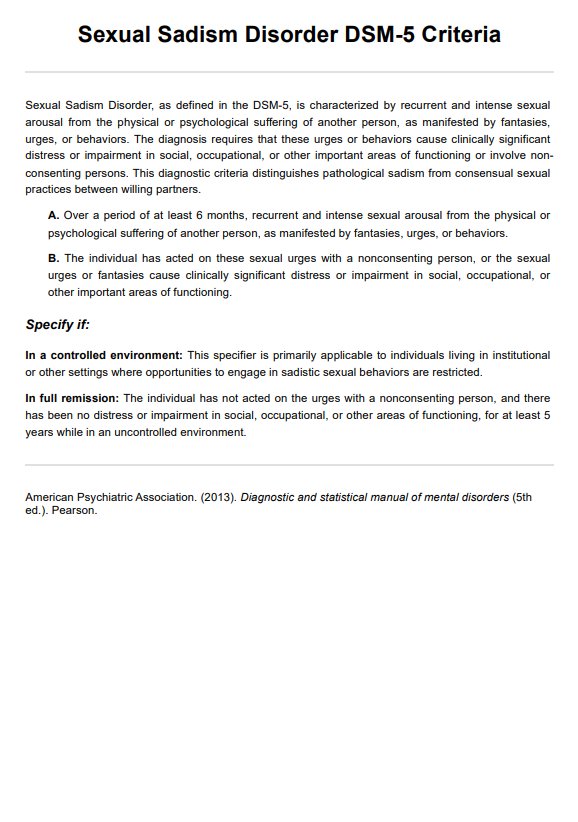 Sexual Sadism Disorder DSM-5 Criteria PDF Example