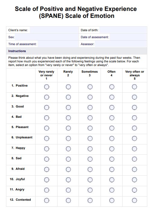 SPANE Scale of Emotion PDF Example