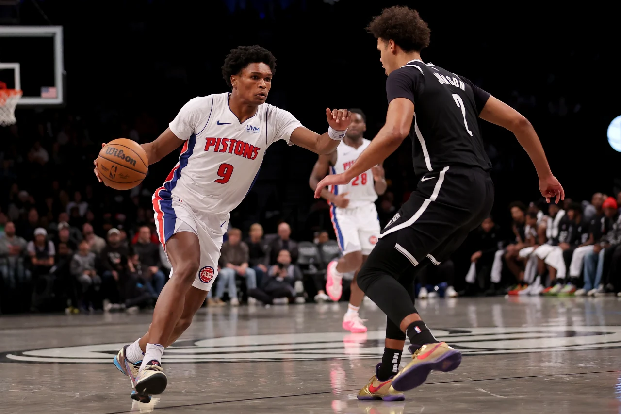 Detroit Pistons forward Ausar Thompson (9) drives to the basket against Brooklyn Nets forward Cameron Johnson (2) during the fourth quarter at Barclays Center.