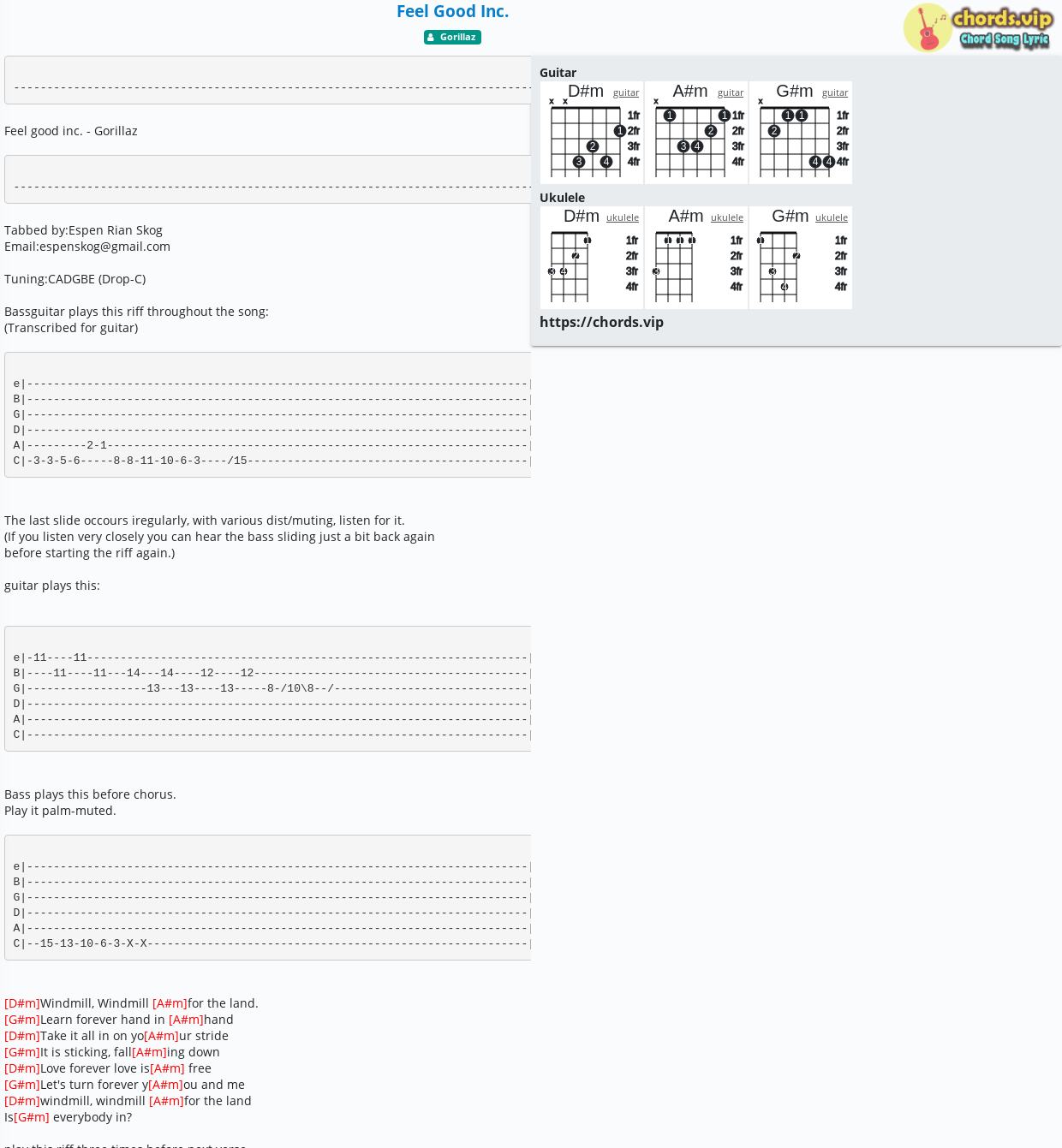 Chord Feel Good Inc Gorillaz Tab Song Lyric Sheet Guitar Ukulele Chords Vip