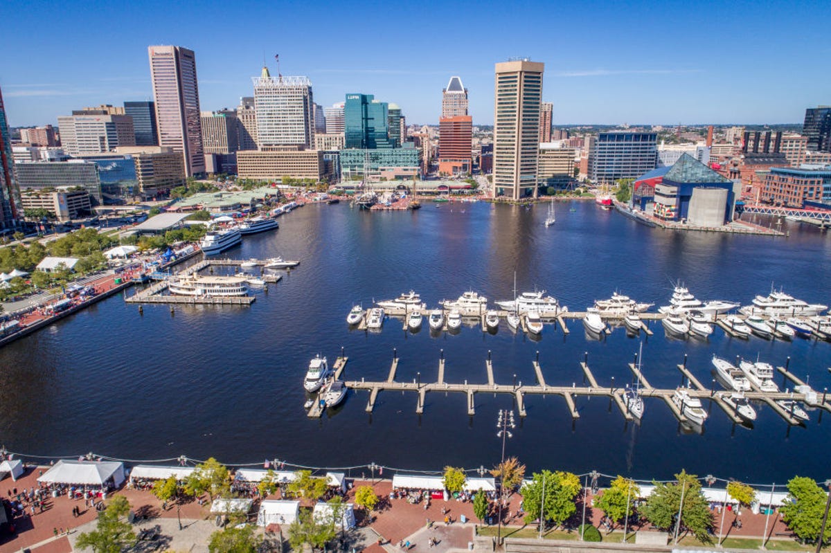 Aerial view of the Inner Harbor and Baltimore skyline