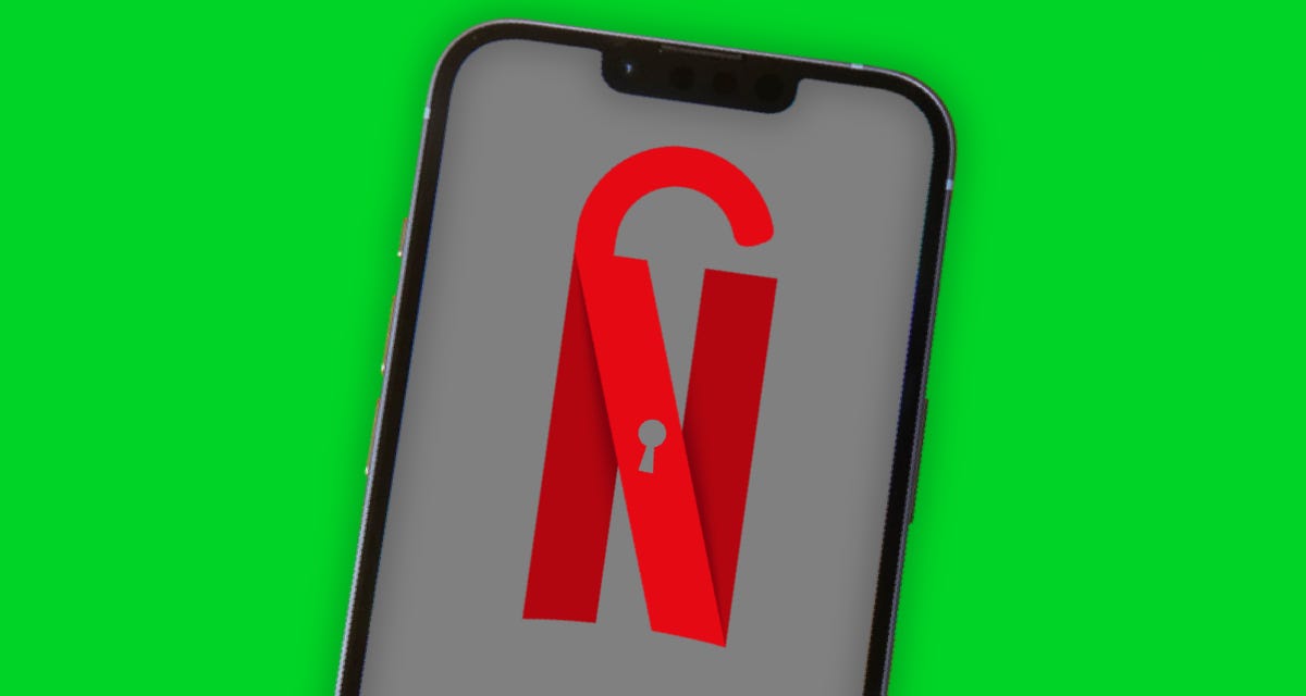 An iPhone shows an illustration of the Netflix logo with a padlock shackle and keyhole