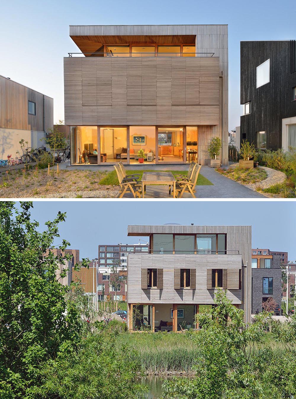 Modern wood window shutters that match the exterior of a wood house