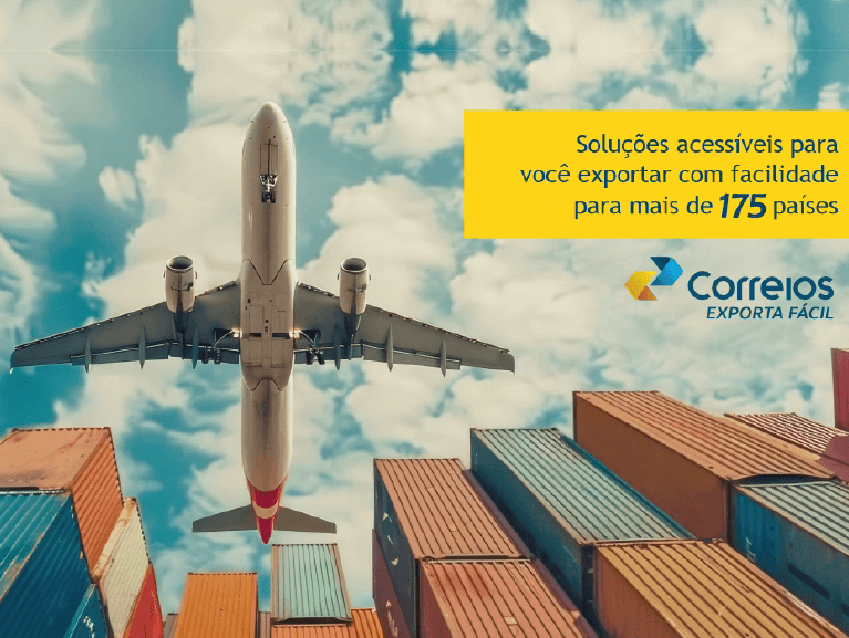 Banner Correios Exporta Fácil, Soluções expressas do Brasil para o Mundo! Imagem de um navio, caminhão e trem