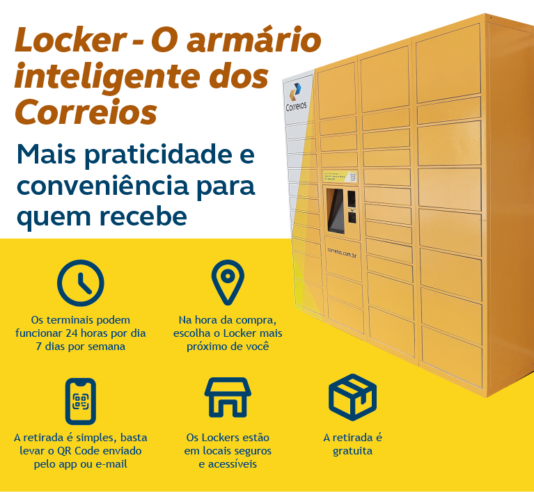 Imagem de um Locker dos Correios com o texto Locker - O armário inteligente dos Correios. Mais praticidade e conveniência para quem recebe.