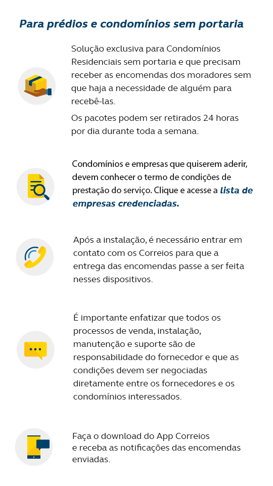 Ícones representando possibilidade de entrega em prédios e condomínios sem portaria.