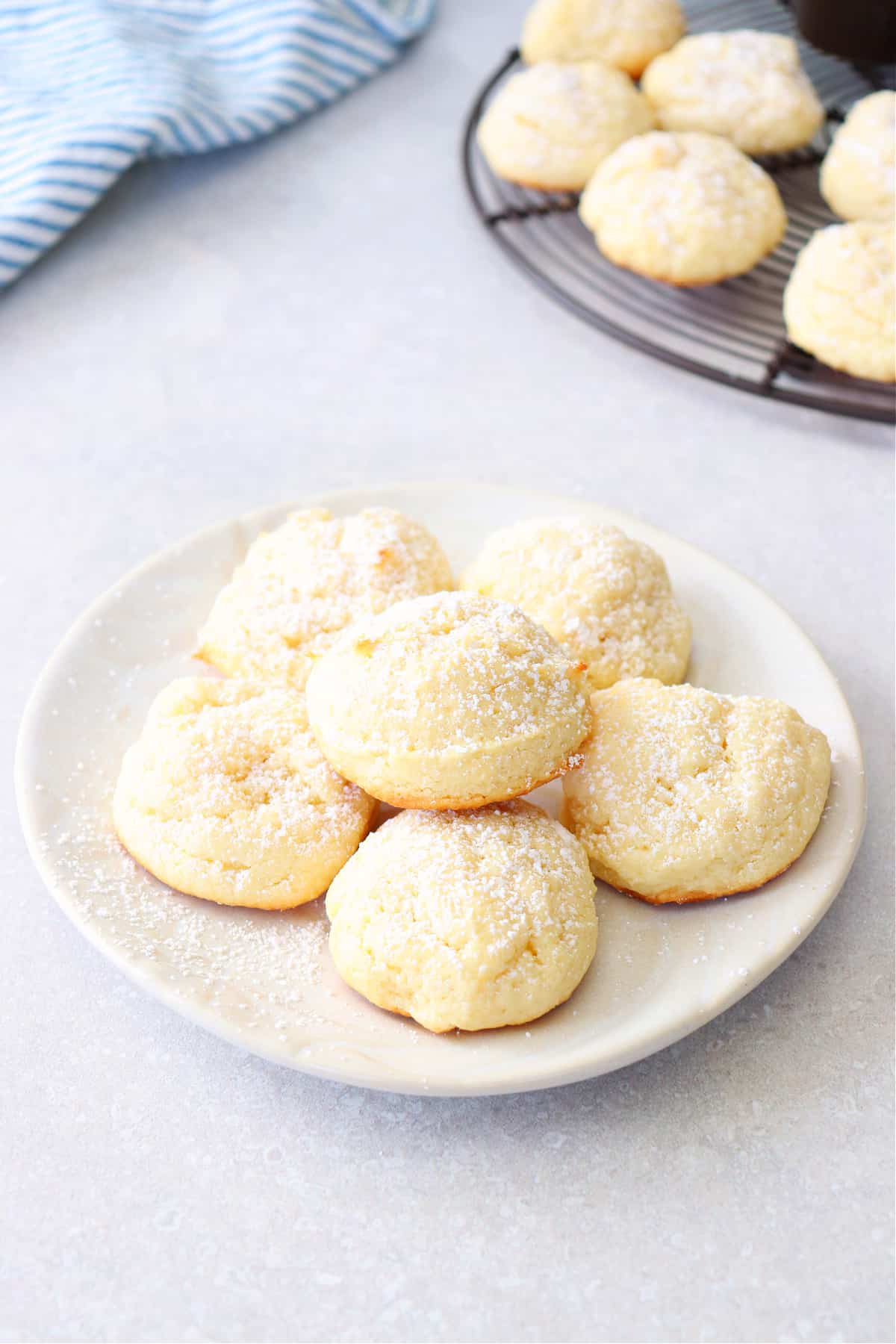 Cookies dusted with powdered sugar arranged on a cream dessert plate.