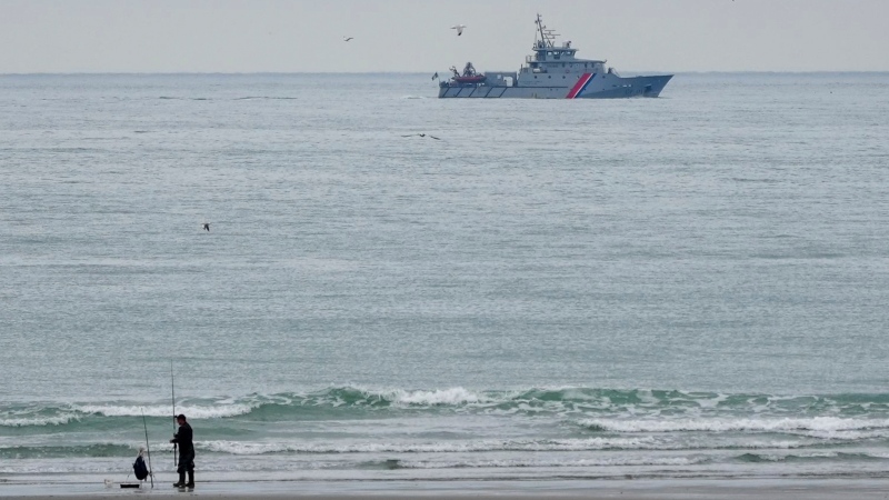 A vessel of the French Gendarmerie Nationale patrols in front of the Wimereux beach, France, Wednesday, Sept. 4, 2024. (AP Photo/Nicolas Garriga) 