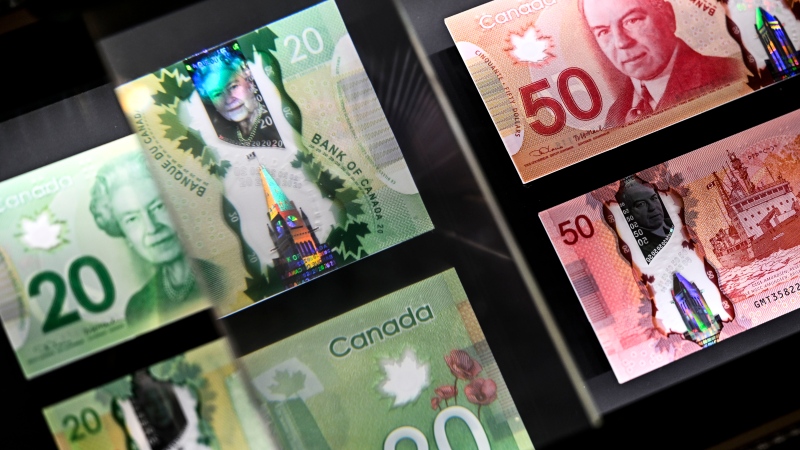 Canadian $20 and $50 bills are shown in a display case at the Bank of Canada Museum in Ottawa, on Wednesday, Sept. 4, 2024. (THE CANADIAN PRESS/Justin Tang 