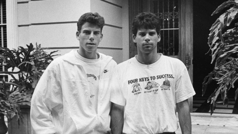 In this undated file photo, Erik Menendez, left, and is brother Lyle, stand in front of their former Beverly Hills home. (Los Angeles Times/Los Angeles Times/Getty Images via CNN Newsource)