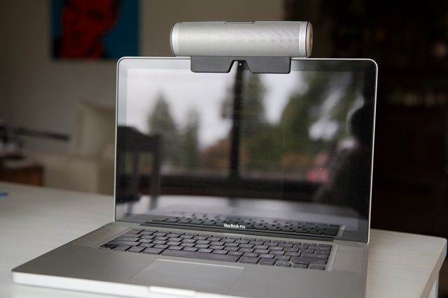 Sound Cylinder sits atop your Macbook's screen... like a boss.