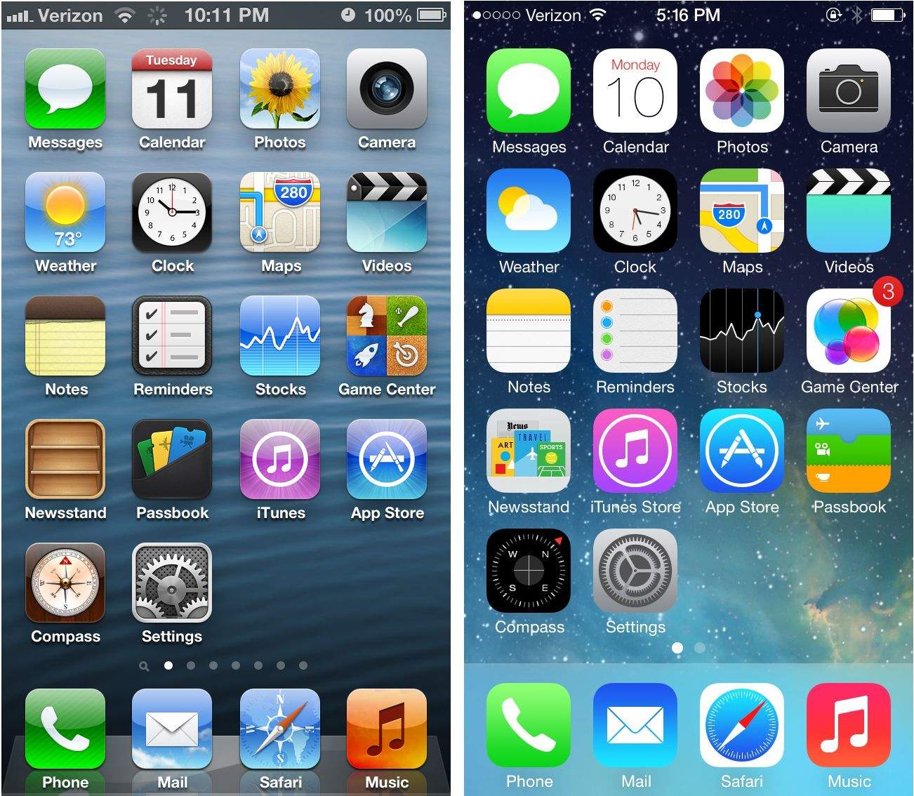 screenshots compare the iOS 7 Home Screen to the iOS 6 Home Screen