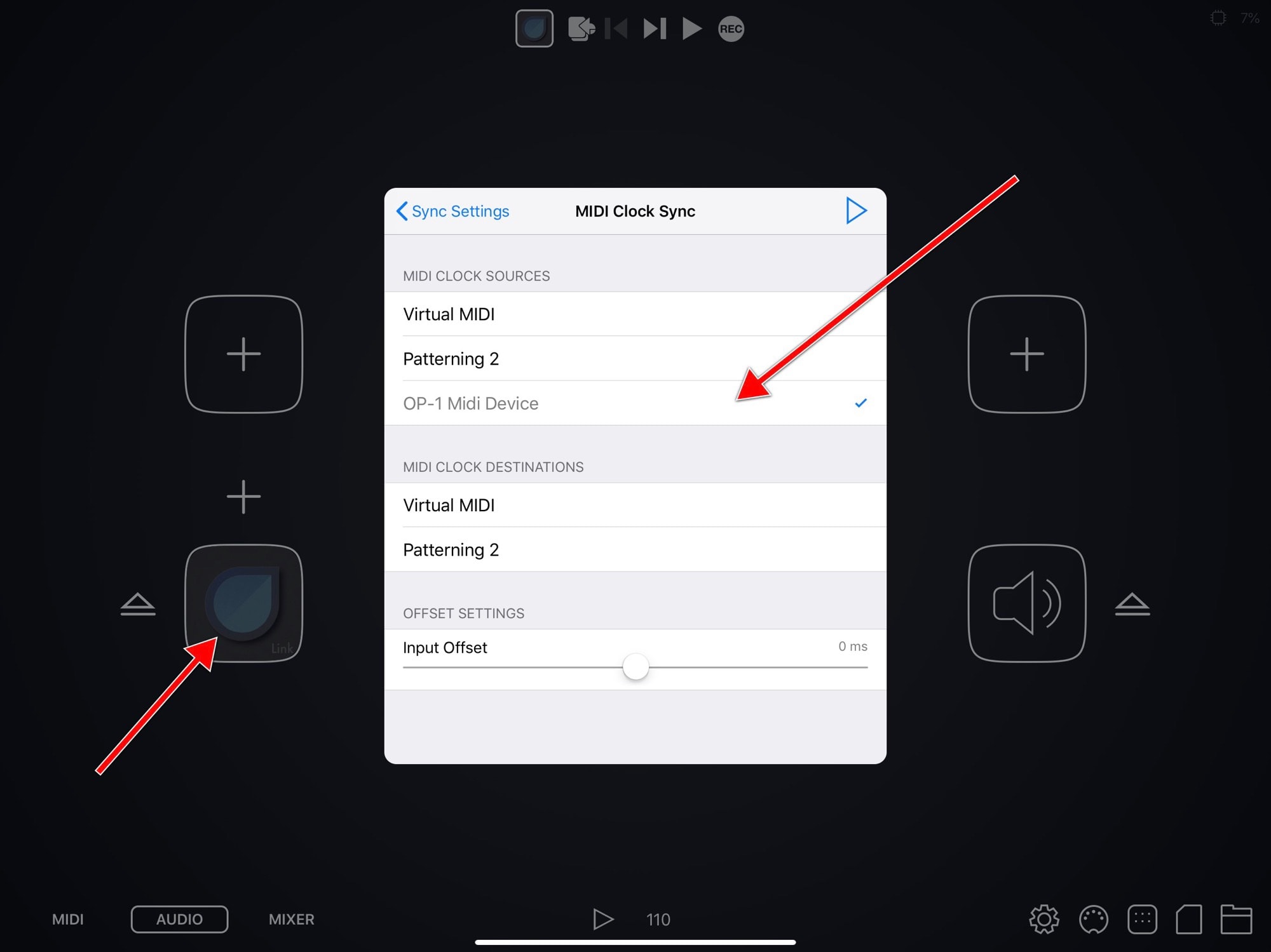 Patterning is set as an audio source, and the OP-1 is set as a MIDI source.